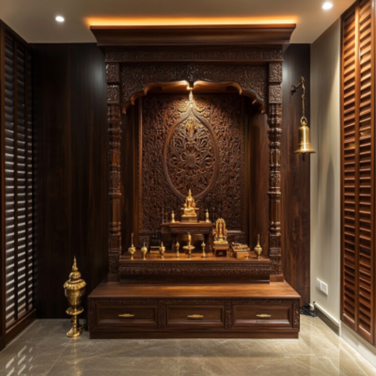 Traditional Walnut Pooja Unit Design with Carved Flower